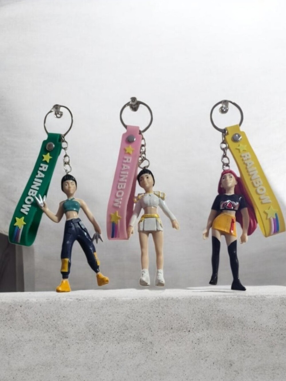 Rainbow Keychain Doll Trio with Green, Pink & Yellow Straps